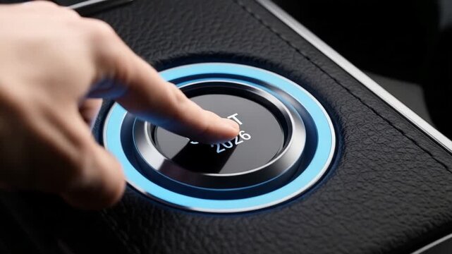 Close up of a start button with the text start and the year 2026 on a black textured surface