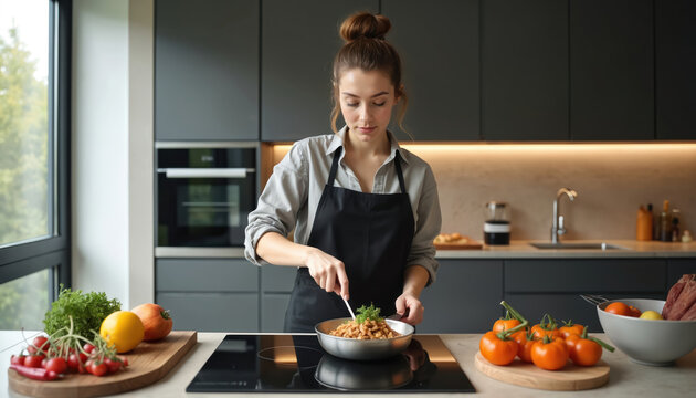 Young woman prepares food in modern kitchen. Stirs ingredients in pan on induction cooktop. Fresh vegetables on counter. Domestic scene features contemporary appliances, natural light from large - Powered by Adobe