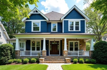 Obraz premium Beautiful two story blue home with white trim, stone foundation. Covered porch, many large windows make inviting. Green lawn, manicured shrubs, rich trees surround family property in suburban
