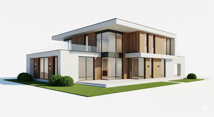 Luxurious Modern Family House Exterior with Green Lawn on Isolated transparent background