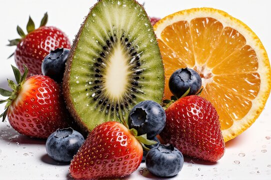 Closeup of juicy strawberries, blueberries, kiwi, and orange slice.