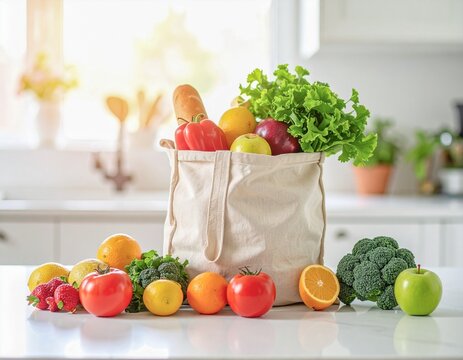 A grocery bag filled with various fruits and veggies, including pineapple, bell pepper, and lettuce.