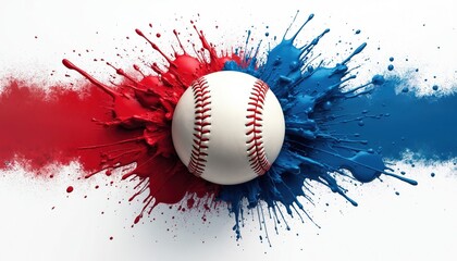 Baseball in center with red, blue paint exploding from behind. Dynamic abstract grunge art shows sport ball impact, power. Vibrant color splash for championship, league, event promotion, game