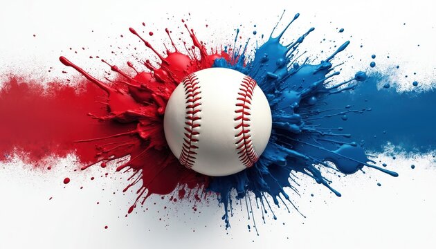 Baseball in center with red, blue paint exploding from behind. Dynamic abstract grunge art shows sport ball impact, power. Vibrant color splash for championship, league, event promotion, game