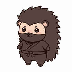 Obraz premium A cute cartoon hedgehog dressed as a ninja, wearing a black gi and mask, standing with its arms at its sides.