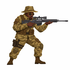 Fototapeta premium A soldier in camouflage uniform and hat aiming a sniper rifle with a scope.