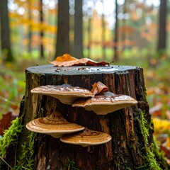 Forest stump with mushrooms
