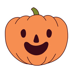 Halloween pumpkin, jack o lantern with carved face, isolated on transparent. Hand drawn line vector illustration. Funny cartoon character. Traditional holiday design element, clip art