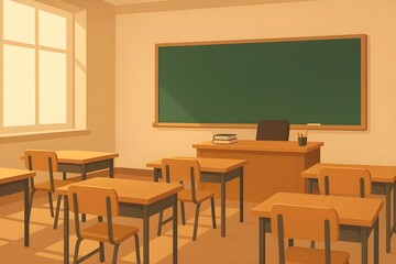 Classroom interior with desks, chairs and blackboard.