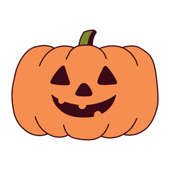 Halloween pumpkin, jack o lantern with carved face, isolated on transparent. Hand drawn line vector illustration. Funny cartoon character. Traditional holiday design element, clip art
