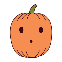 Halloween pumpkin, jack o lantern with carved face, isolated on transparent. Hand drawn line vector illustration. Funny cartoon character. Traditional holiday design element, clip art