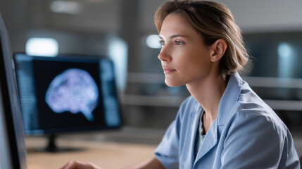 Fototapeta premium A software technician uses an PC for AI brain simulations on a generic research interface coding neural networks screens showing human like data processing a high tech