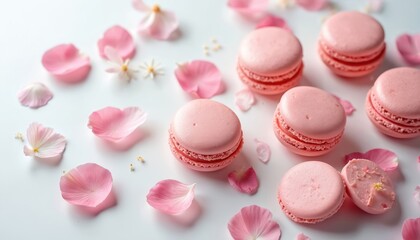 Obraz premium Pink macarons, flower petals artfully arranged on white surface. Sweet treats, floral elements create delicate pastel composition. Confectionery perfection for spring celebrations or romantic events.