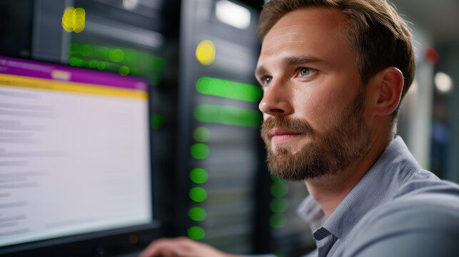A close up of a server room IT specialist at a green screen PC deploying deep learning tools on a generic training UI datasets scrolling on the monitor server fans whirring - Powered by Adobe
