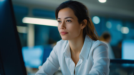 A software technician uses an PC for AI brain simulations on a generic research interface coding neural networks screens showing human like data processing a high tech