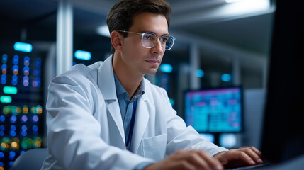 A computer scientist uses AI on an PC for server room diagnostics on a generic diagnostic interface processing datasets screens showing training visuals server racks glowing