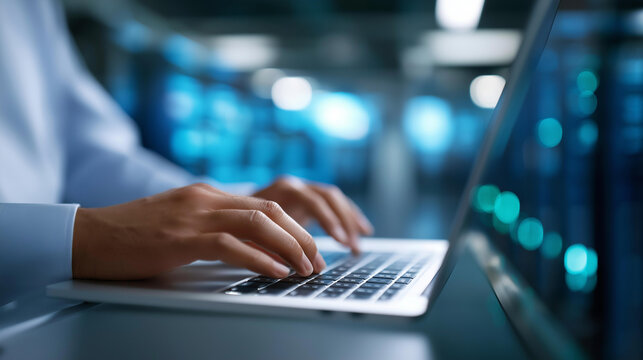 Engineers use AI cognitive computing on laptops to extract data insights on generic calculation panels screens showing complex calculations a data center with server racks