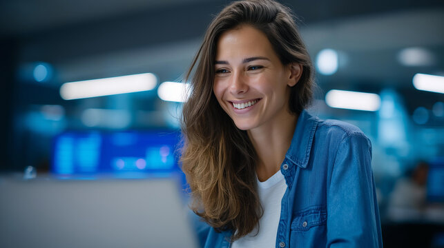 A smiling junior developer uses AI on an laptop to optimize performance on a generic training panel training machine learning models screens glowing with data a vibrant