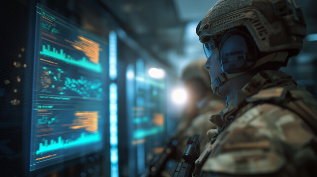 Army specialists in a server room deploy AI solutions for defense infrastructure on generic readiness dashboards screens showing abstract tactical readiness server racks glowing