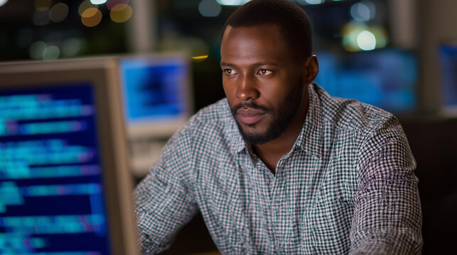 An African American professional codes at a high tech workstation surrounded by AI neural network visuals on generic analysis screens screens glowing with data analytics AI - Powered by Adobe