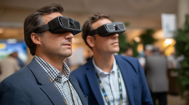 Specialists at an AI convention demonstrate VR goggles showing AI applications on generic demo screens a bustling summit with tech banners attendees engaged VR tech demo