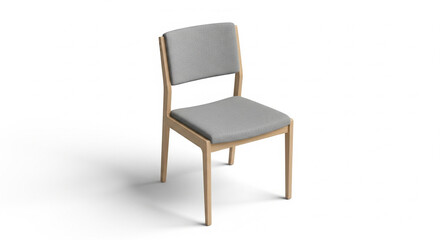 Simple Modern Dining Chair with Grey Fabric Seat and Wooden Legs, Isolated transparent background.