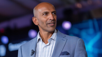 An IT company CEO speaks at an AI expo sharing neural implant insights on generic slides a digital screen showing EEG headsets an engaged audience AI neural implants tech