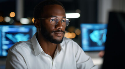 An African American professional codes at a high tech workstation surrounded by AI neural network visuals on generic analysis screens screens glowing with data analytics AI