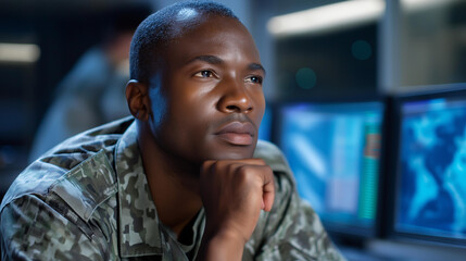 An army soldier in a control room uses AI on an PC for CCTV surveillance on a generic monitoring console processing live satellite style data screens showing mission analytics