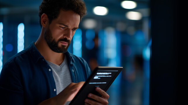 A data center programmer sees a critical error on an tablet using generic node graph software a glitch popup warning on screen server racks flashing AI error detection node