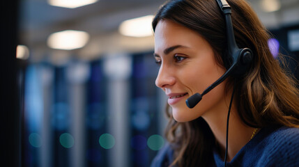 A data center expert in a headset chats with users using AI enhanced troubleshooting tools on generic diagnostic dashboards server racks humming ample space for text AI