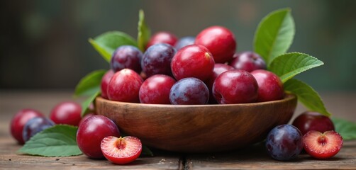 Plump ripe plums fill a rustic wooden bowl. Some fruits are whole, others sliced revealing juicy red interiors. Fresh green leaves accent the vibrant fruit bounty.