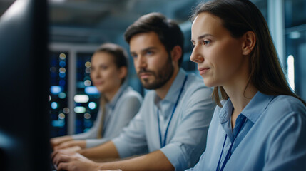 A team of professionals in a data center collaborates on PCs using AI to solve tasks on generic analysis interfaces screens showing deep learning datasets server racks humming