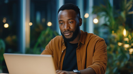 Naklejka premium A Black male freelancer at home uses an AI chatbot on an laptop generating ideas with text prompts on a generic assistant UI a cozy apartment with plants screens glowing with