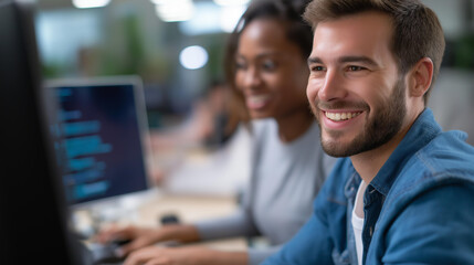 Startup technicians in a Silicon Valley office collaborate on AI advancements leveraging deep learning on generic development UIs screens showing algorithm progress a vibrant