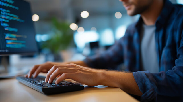 A close up of an engineer coding with AI language model assistance on a generic code editor typing on an PC screens showing LLM suggestions a modern office with code printouts