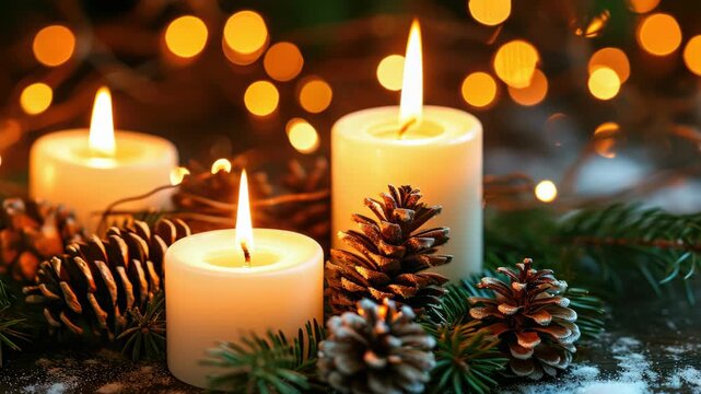 A table is set with three candles, each with a small pine cone placed around it. The candles are lit, creating a warm and cozy atmosphere. The pine cones add a touch of natural beauty to the scene