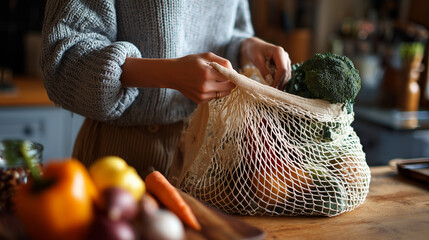 Person Putting Groceries into a Reusable Bag at Home