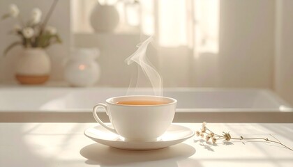 Obraz premium Peaceful Tea Ritual with cup, steam, soft lighting