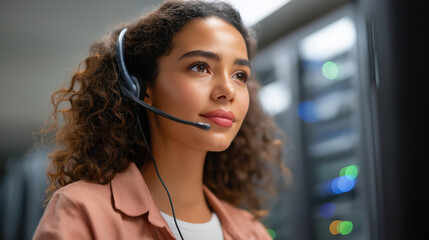 A data center admin in a headset troubleshoots connectivity via AI on a generic vulnerability scan UI (no branded tools) speaking on a remote call server racks humming AI