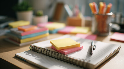 Close-Up of Sticky Notes and Planner on a Tidy Desk Setup