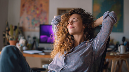 Young Woman Stretching in Her Chair Between Online Meetings