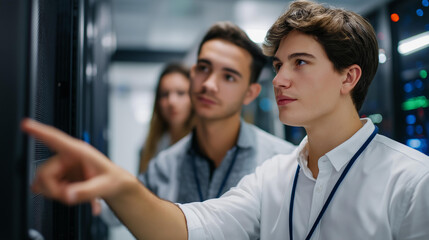 Employees in a data center scold an engineer after an AI system error on a generic alert panel pointing at a screen with glitch alerts server racks flashing red AI system error