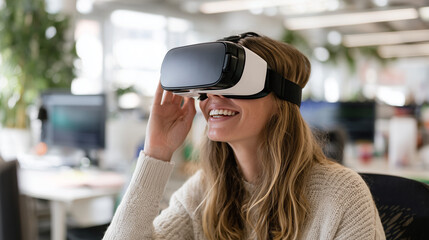 Woman Using a VR Headset and Smiling in a Bright Office