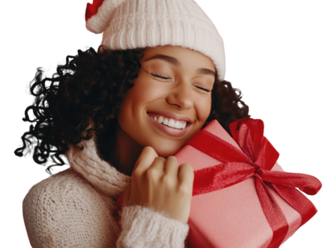 PNG A woman is hugging and kissing her Christmas present happy background christmas.