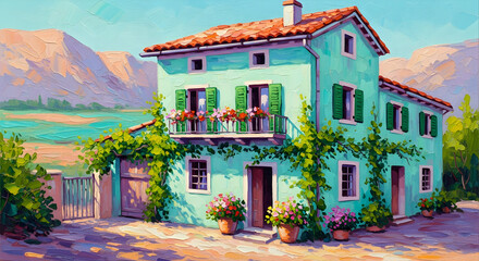 Fototapeta premium Charming cottage with blooming garden, watercolor painting of a farmhouse with colorful flowers and cheerful atmosphere, ideal for wallpaper, home decor, wall art, frame tv art and prints