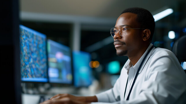 An engineer monitors AI LLM visualizations in a data center on generic oversight dashboards overseeing deep learning rigs screens glowing with data server racks humming AI