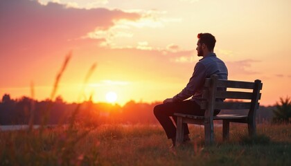 Man sits alone on wooden bench in field at sunset. Young adult male relaxes in natural landscape. Peaceful atmosphere with orange sky, calm grassy surroundings. Person contemplates, enjoying serene