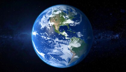 A vibrant, detailed view of planet Earth from space, showcasing continents, oceans, and atmospheric features against a starry backdrop