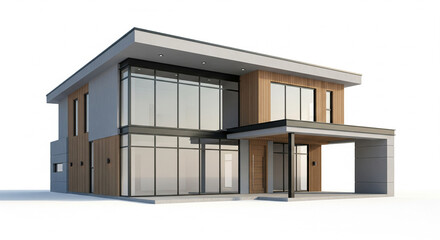 Elegant Modern Luxury House with Flat Roof and Integrated Carport on Isolated transparent background.